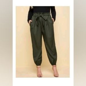 Plus Solid Paper Bag Waist Belted Pants